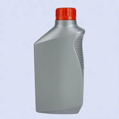 Gray HDPE engine oil bottle with side grip design and red cap front view