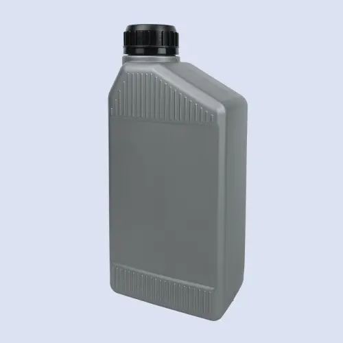 Gray HDPE motor oil bottle with ribbed panel design angled front view