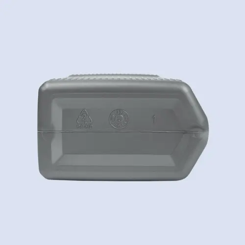 Bottom view of gray HDPE motor oil bottle container