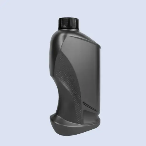 Angled view of gray lubricant bottle with textured ergonomic grip design