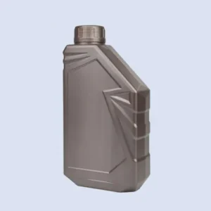 Angled view of gray engine oil measuring bottle with angular panel design
