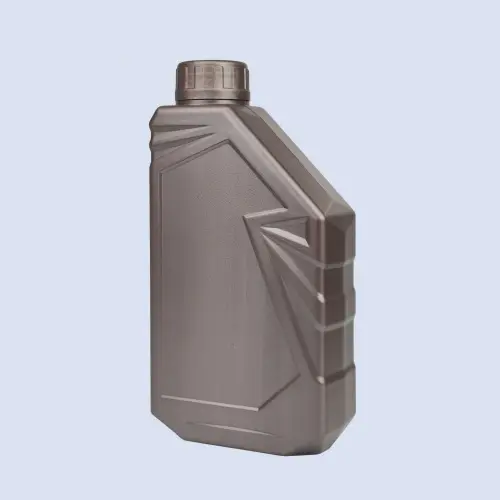 Angled view of gray engine oil measuring bottle with angular panel design