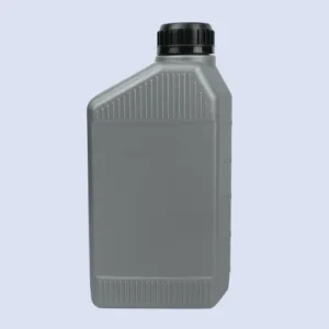 Front view of gray motor oil bottle with ribbed upper and lower panels