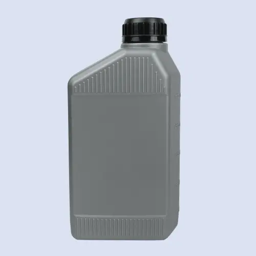 Front view of gray motor oil bottle with ribbed upper and lower panels