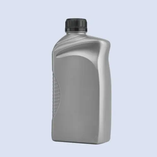 Angled view of gray engine oil bottle with curved shoulder design