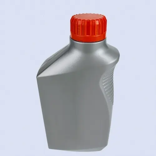 Angled view of gray engine oil bottle with ergonomic side grip texture