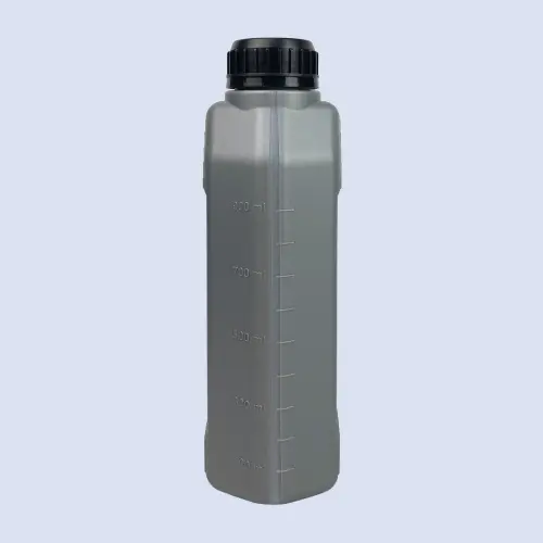 Side view of gray oil bottle with measurement line markings