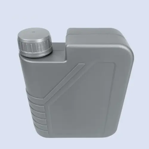 Angled view of gray engine oil bottle with offset screw cap design