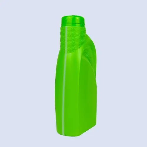 Angled view of 1 liter green HDPE engine oil bottle with textured grip panel.