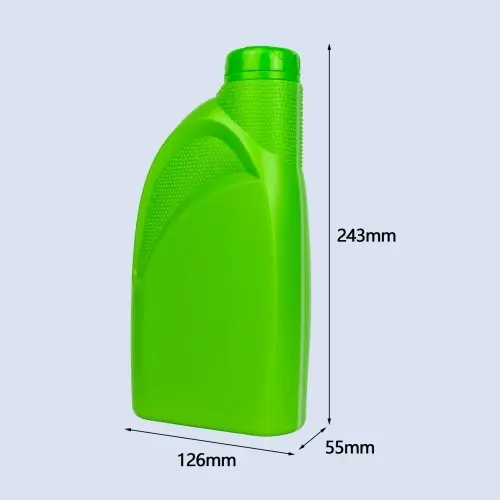 1 liter green plastic engine oil bottle showing size and dimension details.