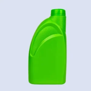 Front view of 1 liter green HDPE motor oil bottle with textured shoulder design.