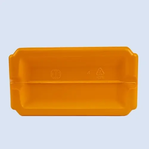 Bottom view of orange HDPE engine oil bottle showing HDPE material marking