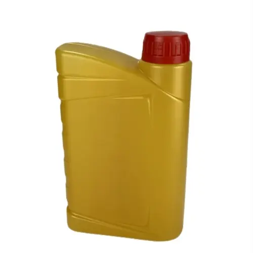 Gold HDPE engine oil measuring bottle with red cap front angle view