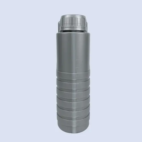 Side view of gray HDPE lubricant bottle with ribbed grip texture