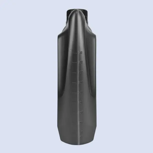 Side measurement view of black HDPE lubricant oil bottle with volume markings