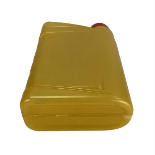 Bottom view of gold HDPE engine oil measuring bottle