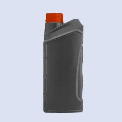 Gray 1 liter HDPE motor oil bottle with red screw cap front view