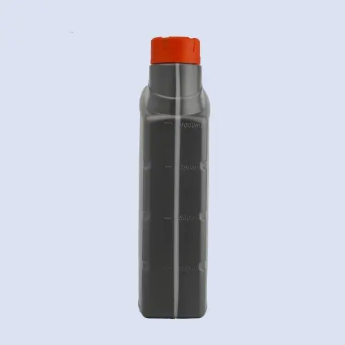 Side view of 1 liter HDPE oil bottle with volume measurement markings