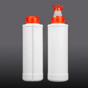 White HDPE lubricant bottle showing standard cap and dispensing cap options