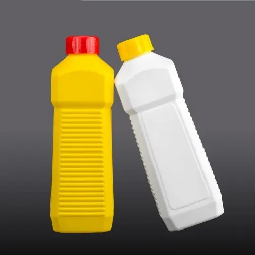 Angled view of square HDPE chemical and lubricant packaging bottles with ribbed sides