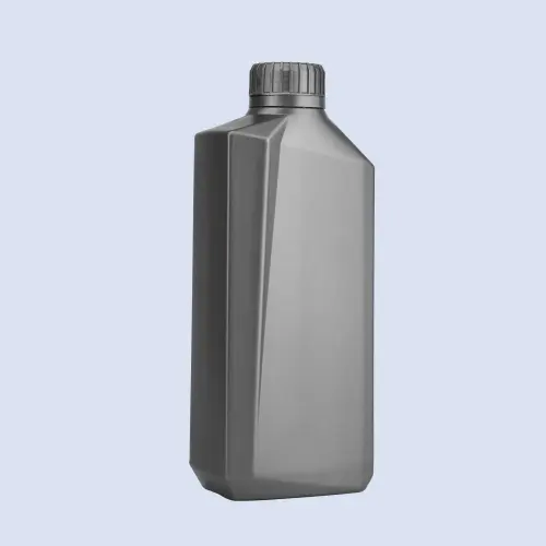 Angled view of 1 liter plastic gasoline can style engine oil bottle.