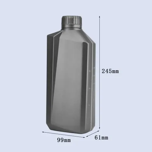 1 liter HDPE motorcycle engine oil bottle with size and dimension details.