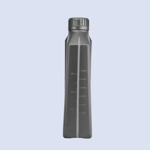 Side view of 1 liter HDPE motorcycle engine oil bottle with measuring scale.