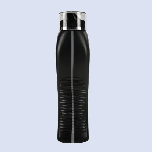 Front view of black motorcycle style engine oil bottle with transparent cap