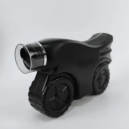 Angled view of black motorcycle style lubricant packaging bottle with wheel design