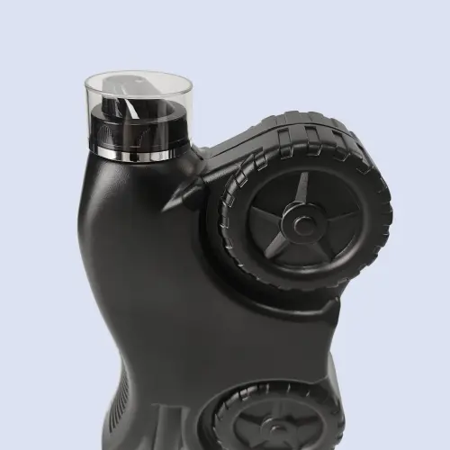 Black 1 liter motorcycle style plastic engine oil bottle with wheel design front view