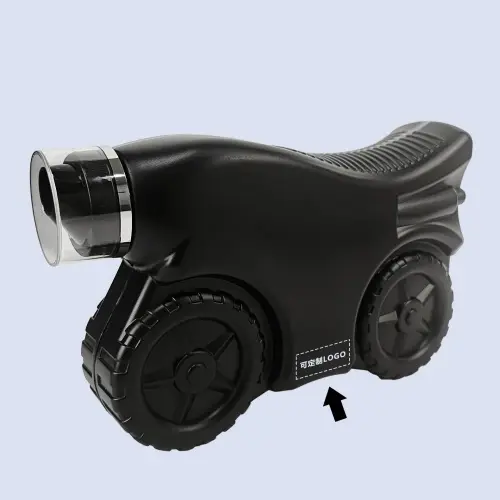 Side view of black motorcycle shaped lubricant bottle with custom logo area