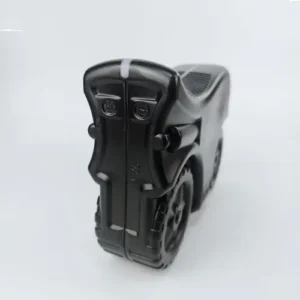 1 liter motorcycle style oil bottle rear view Rear view of black motorcycle shaped plastic bottle for lubricant packaging