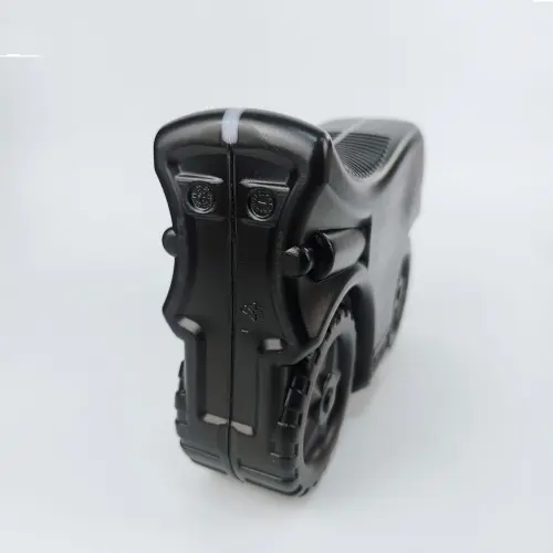 Rear view of black motorcycle shaped plastic bottle for lubricant packaging