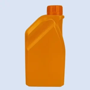 Front view of orange HDPE engine oil bottle with liquid level line and textured grip panel