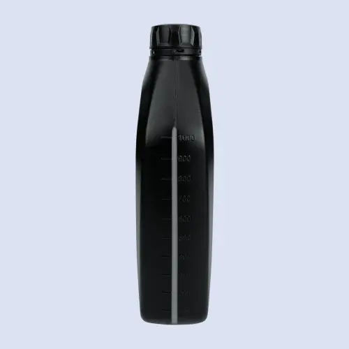 Side view of 1 liter plastic engine oil bottle with volume measurement markings