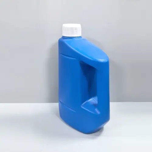 Angled view of blue plastic jerry bottle for lubricant and engine oil packaging.