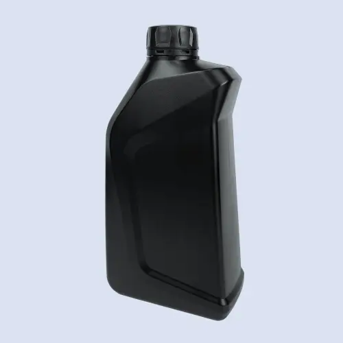 Black 1 liter plastic jerry bottle for engine oil packaging front angle view