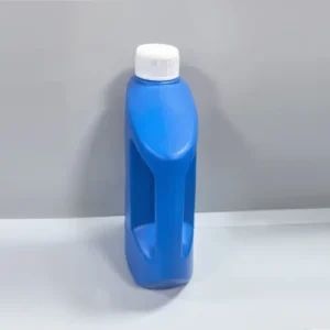1 liter plastic jerry bottle side view Side view of 1 liter HDPE jerry bottle with ergonomic carry handle.