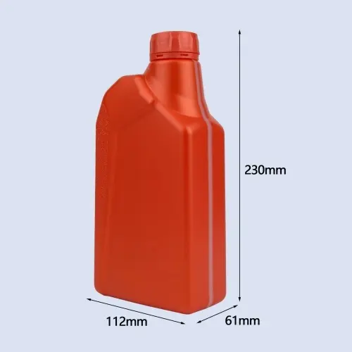 Red engine oil bottle dimensions showing 230mm height and bottle size