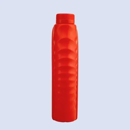 Side profile of red engine oil bottle with ribbed grip texture