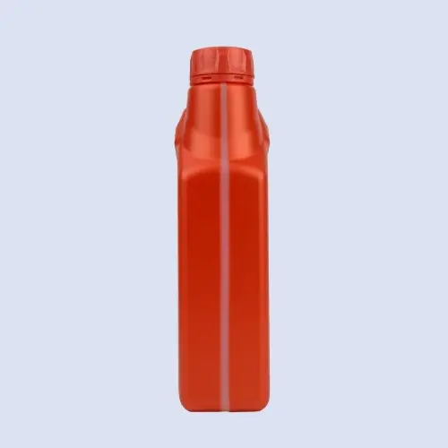 Side profile view of red engine oil bottle with slim body design