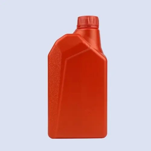 Red HDPE engine oil bottle with textured side panel front view