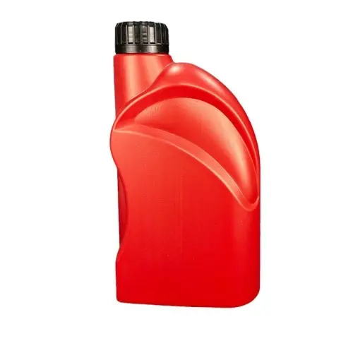 Red HDPE motor oil bottle with wave panel design front view