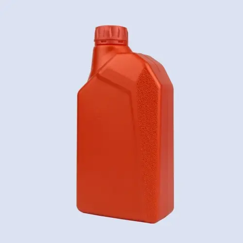 Rear angled view of red HDPE engine oil bottle with textured grip panel