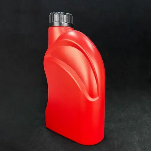 Angled view of red motor oil bottle with curved body design