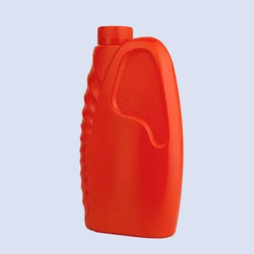 Angled view of red motorcycle oil bottle with ribbed side grip design