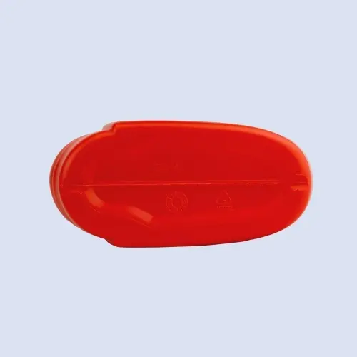 Bottom view of red motorcycle engine oil bottle container