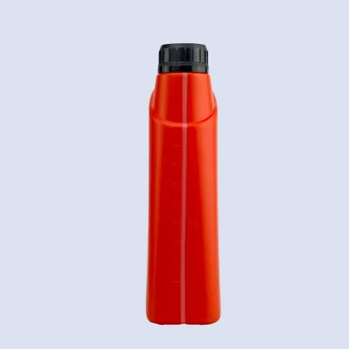 Side view of red oil bottle with volume measurement markings