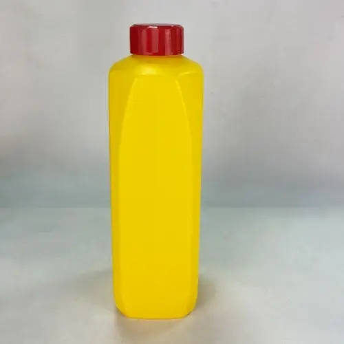 Yellow square HDPE lubricant oil bottle with red screw cap front view