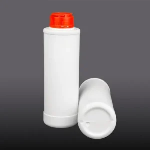 White plastic oil bottle showing front profile and bottom base design